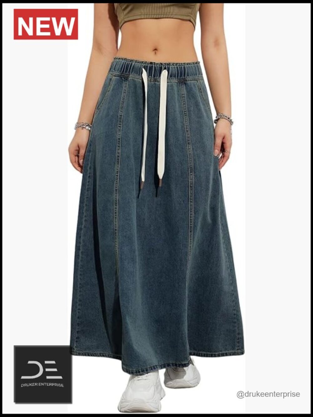 High Waist Elastic Paperbag A-Line Flare Maxi Denim Skirt with Pockets